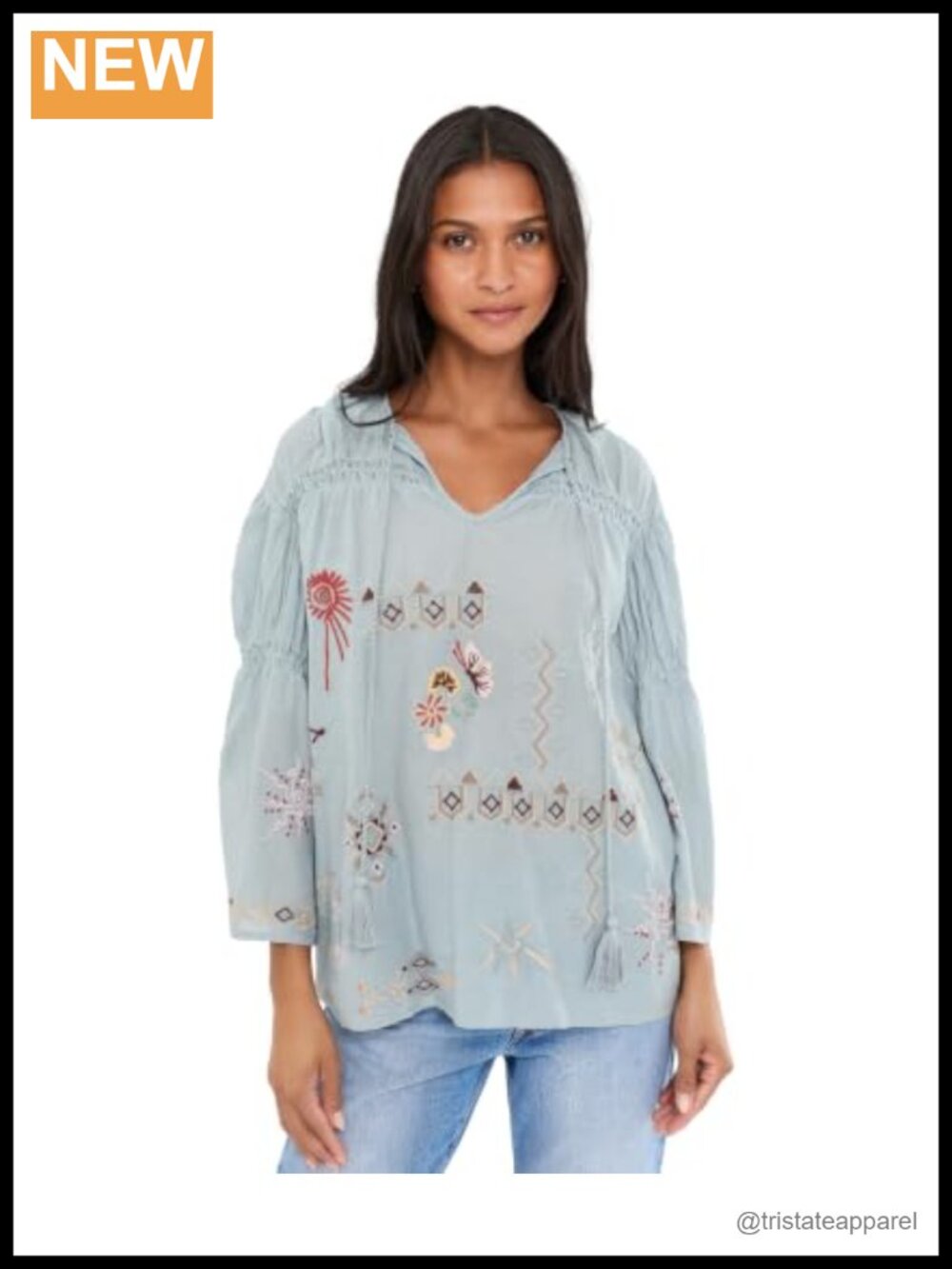 Tissue Cotton Bell Sleeve Tie Neck Blouse Relaxed Fit